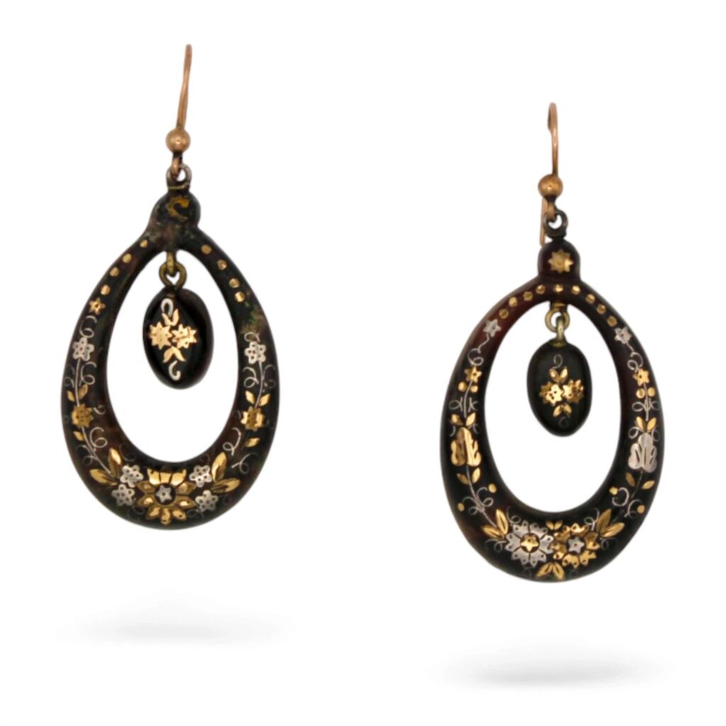 Antique Victorian Tortoise Shell Pique Drop Earrings