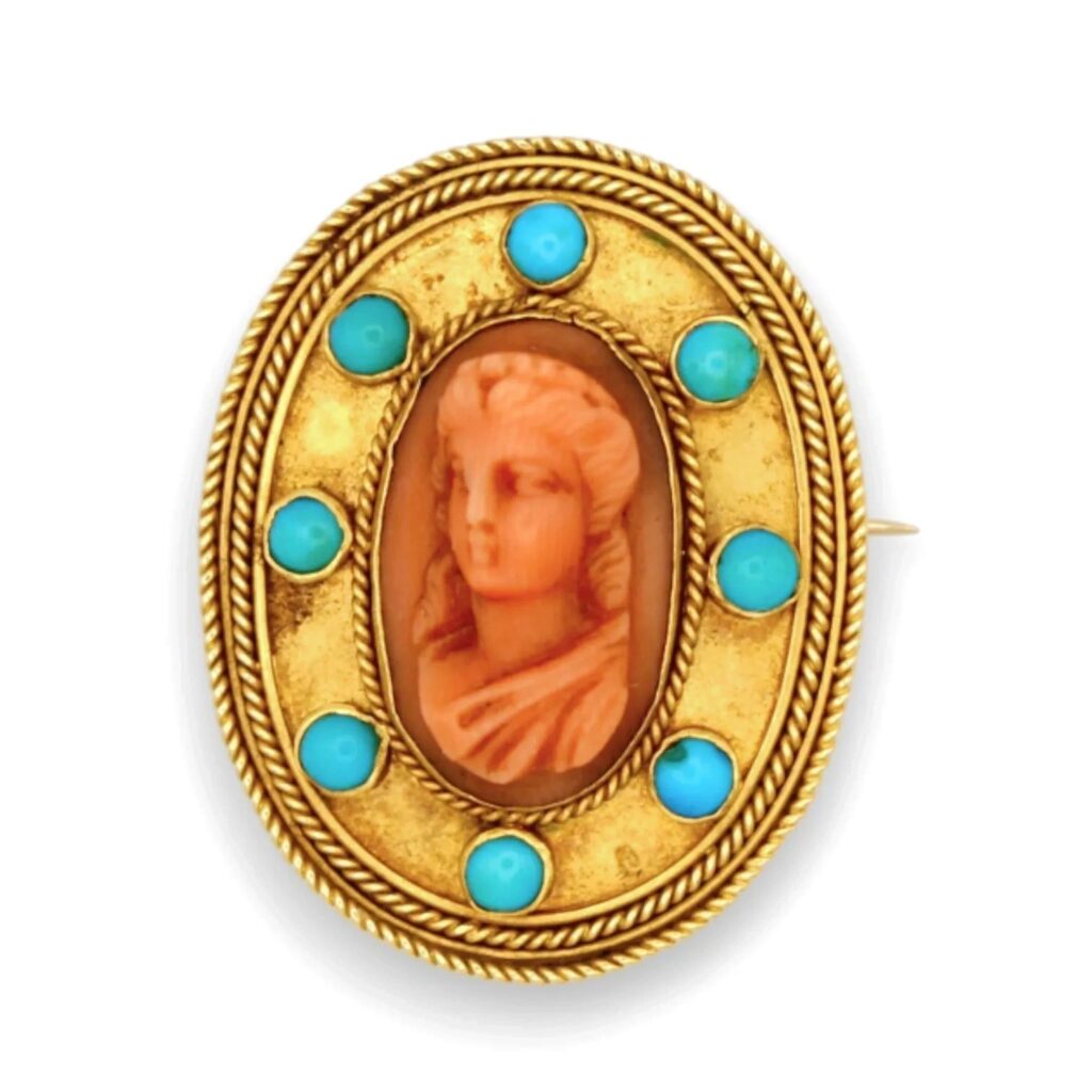 Antique Victorian Etruscan Revival Coral Cameo Brooch