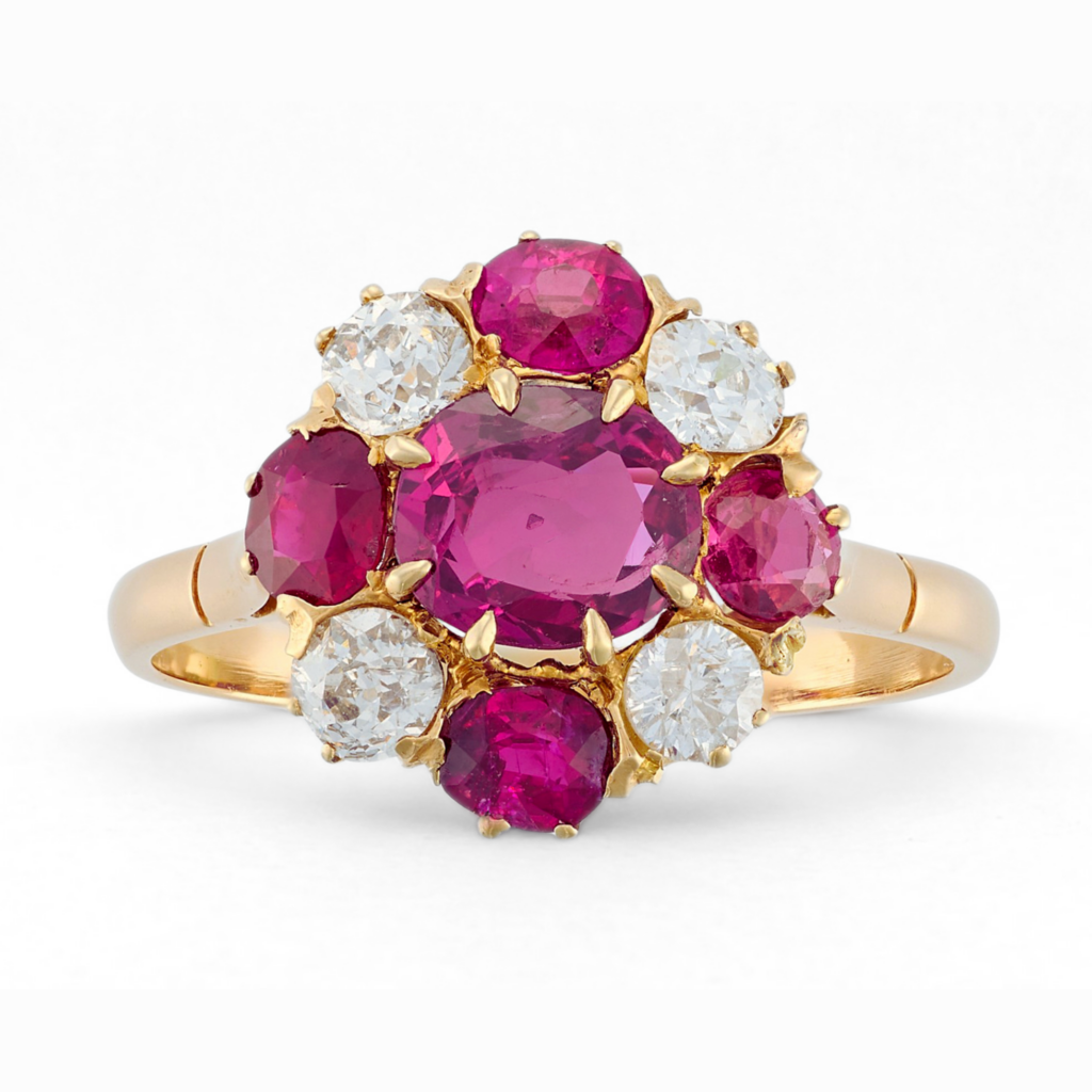 Vintage Burmese Ruby and Diamond Cluster Ring