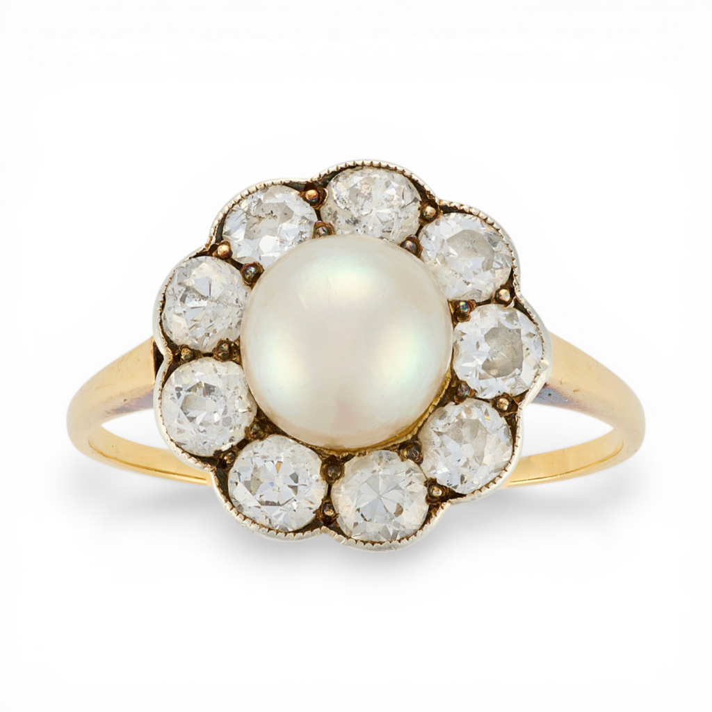 Vintage Natural Saltwater Pearl and Diamond Cluster Ring