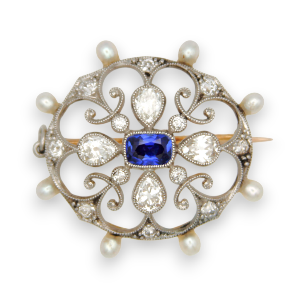 Antique Sapphire, Diamond and Pearl Brooch