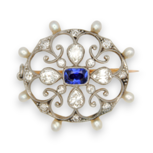 Antique Sapphire, Diamond and Pearl Brooch