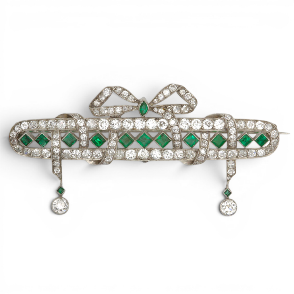 Antique Edwardian Emerald and Diamond Bar Brooch
