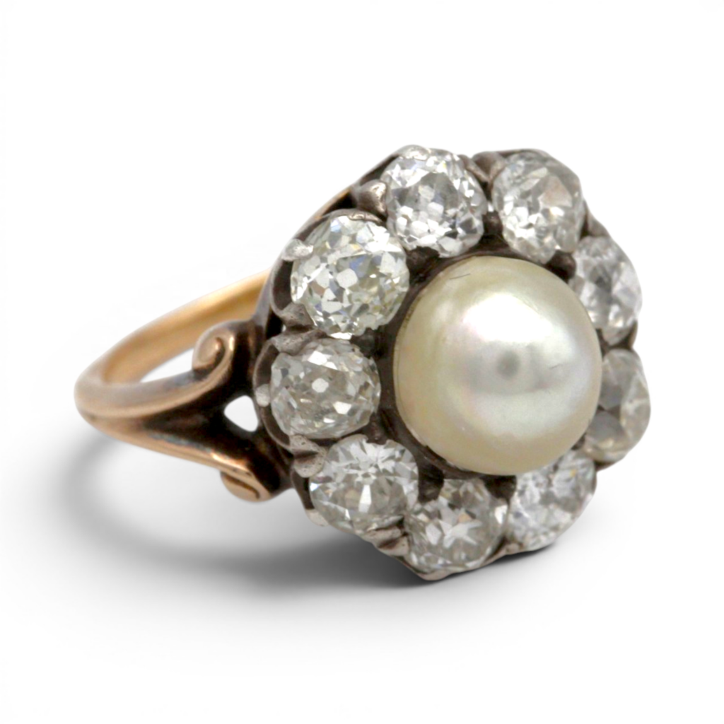 Fine Antique Georgian Natural Pearl and Diamond Cluster Ring