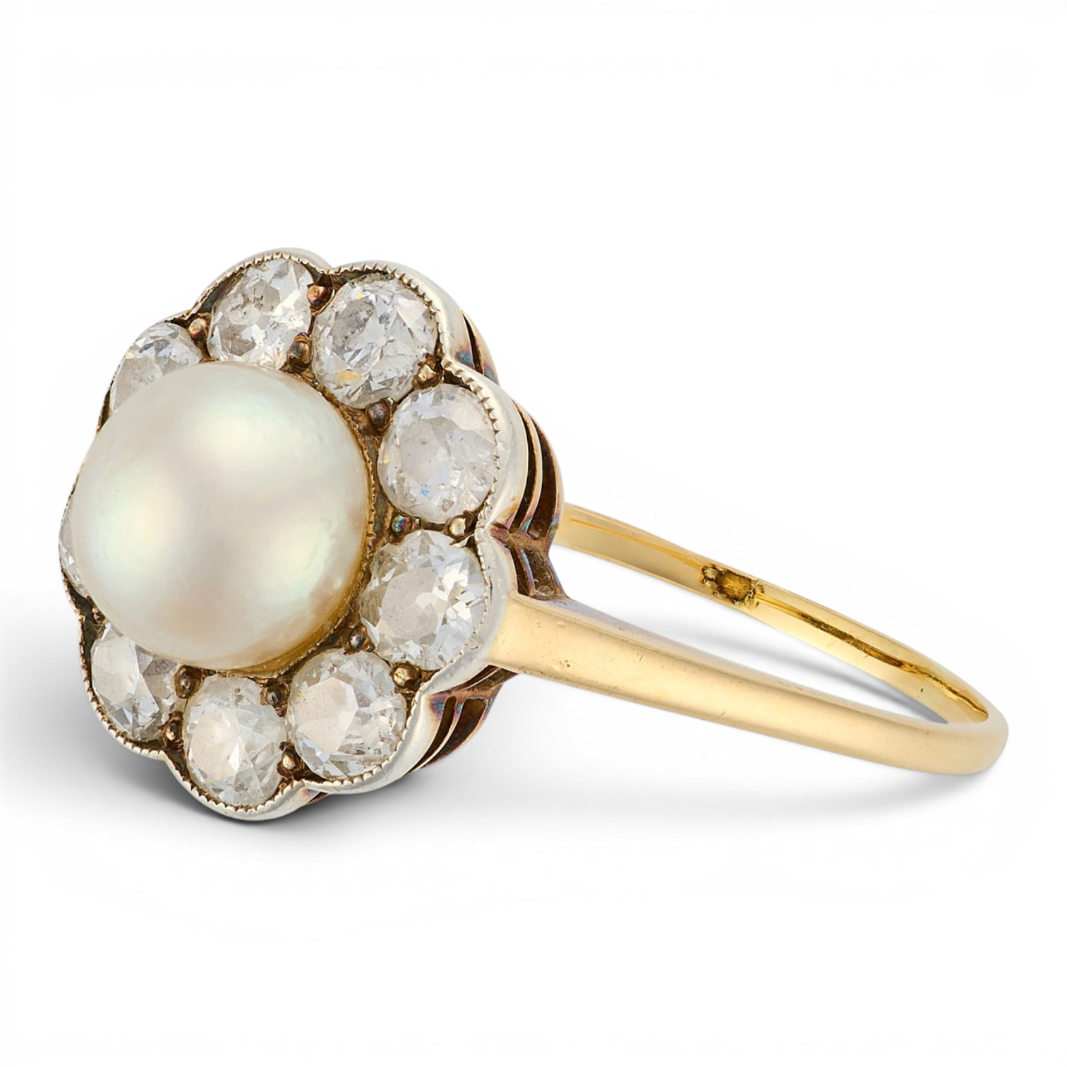 Vintage Natural Saltwater Pearl and Diamond Cluster Ring - Image 2
