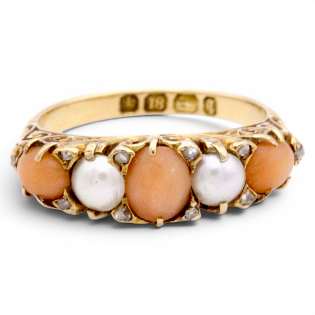 Antique Victorian Pearl, Coral and Diamond Five Stone Ring