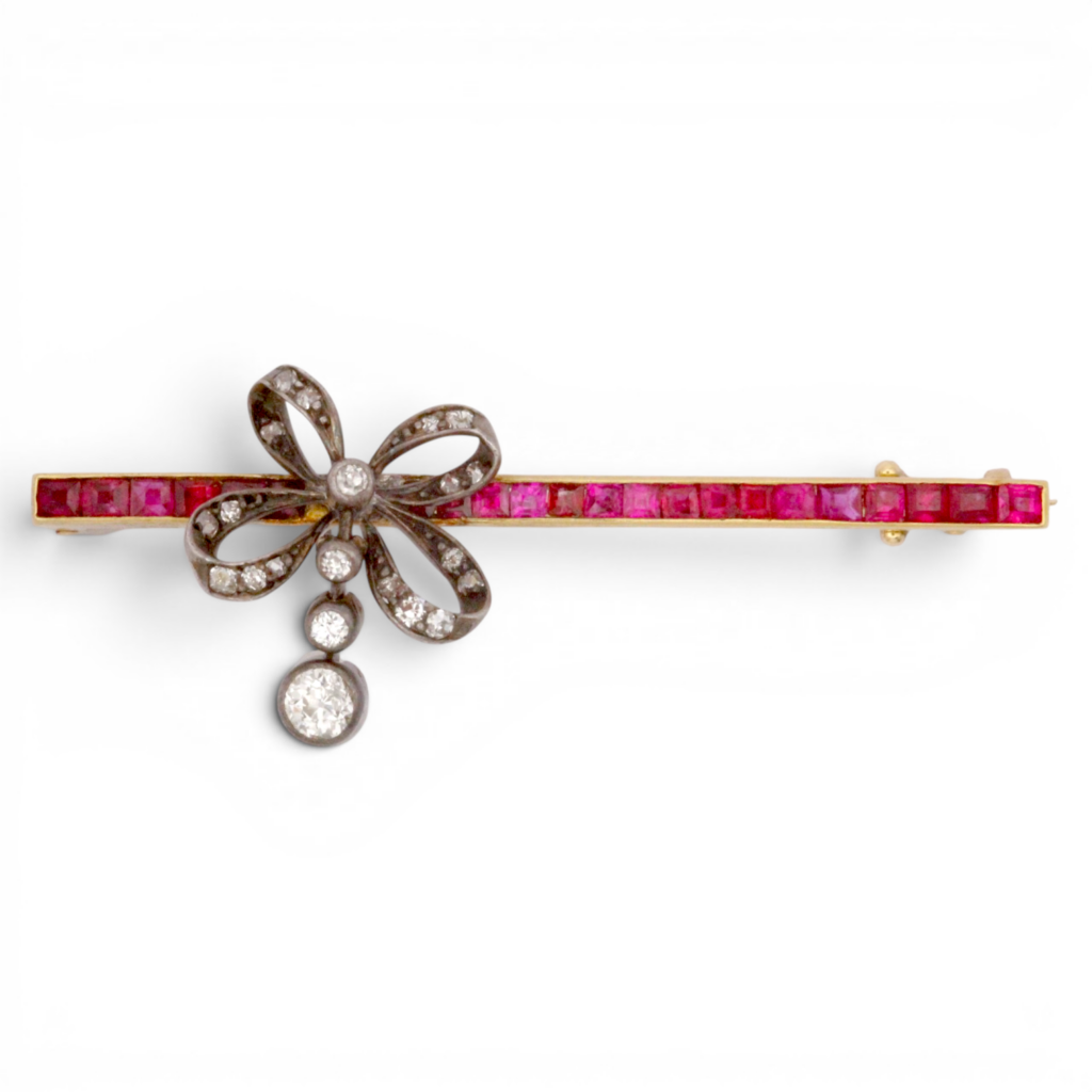 Antique Russian Ruby and Diamond Bow Bar Brooch