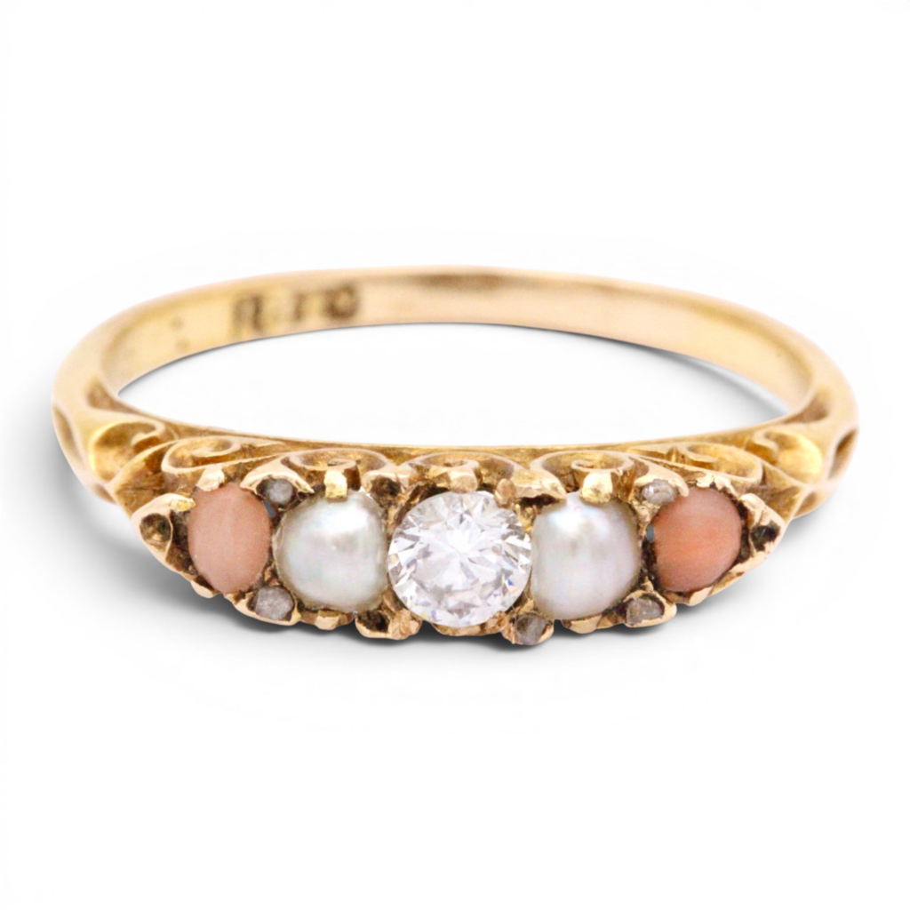 Antique Victorian Pearl, Coral and Diamond Ring